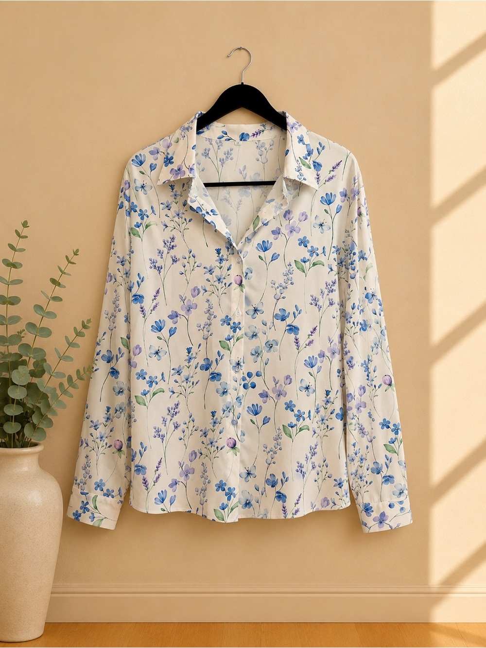 Women's Cream Floral Button-Up Shirt - Blue & Purple Print